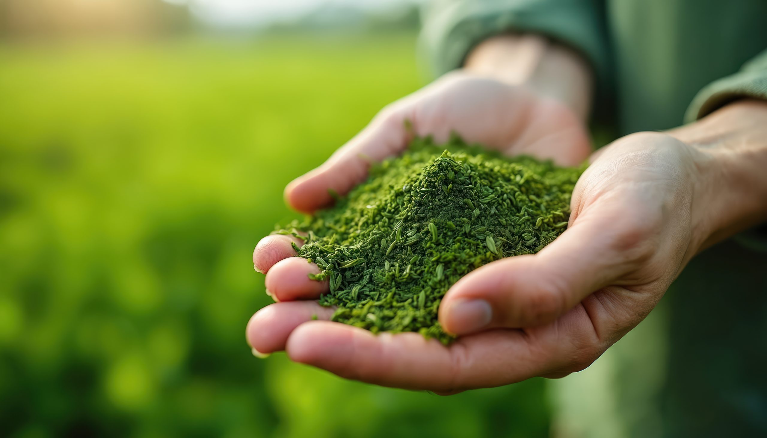 Hands hold fresh organic matcha powder. Harvested green tea leaves in field backdrop signify sustainability, serenity, wellness. Natural agriculture promotes healthy beverages, connection to nature.